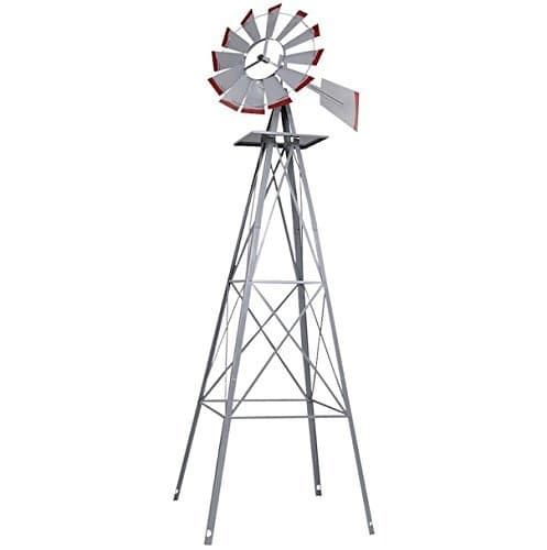 8FT Ornamental Windmill Tall Windspinner Steel Structure Silver Gray And Red Wind Wheel Outdoor Patio Garden Yard Décor Weather Vane Durable Wind Spinner Wheel Turns Quietly And Effortlessly