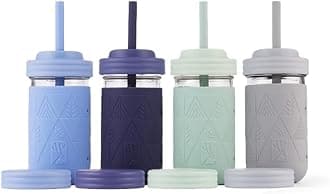 Kids + Toddler Glass Cups | The Original 12oz Glass Mason Jar with Sleeves + Lids | Silicone Straws + Stopper | Smoothie Cup | Food Storage | Spill Resistant | Dishwasher Safe | 4 Pack