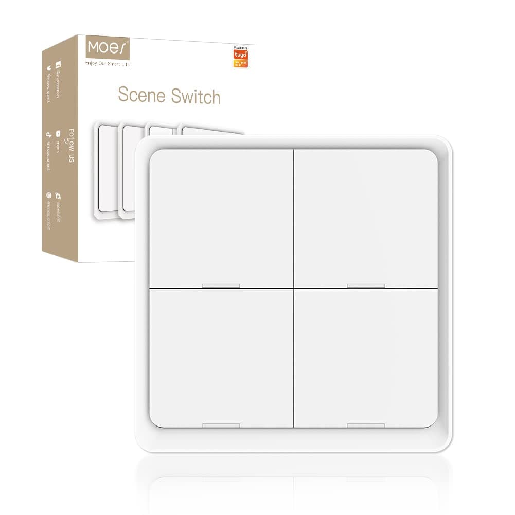 MOES Wireless Smart Scene Switch Button, Require MOES HUB, Zigbee Connection Tuya Battery Powered Included 12 Scene Controller Light Switch for Smart Home Automation 4 Gang White