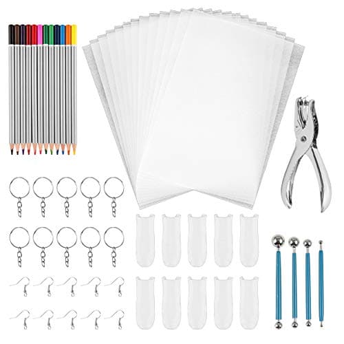 62 PCS Shrink Plastic Sheet Kit with Shrinky Paper, Keychains, Earring Hooks, Color Pencils, Hole Punch, Finger Cots and Dotting Tools for Shrinky Art Crafts