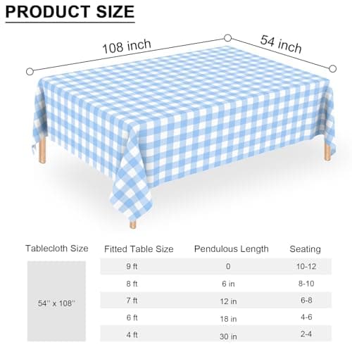 3 Pcs Light Blue Gingham Tablecloth Blue Disposable Plastic Checkered Table Cloths for Parties Disposable, Waterproof Rectangular Blue Table Cover for Camping, Birthday, Party, Picnic 54 × 108 Inch