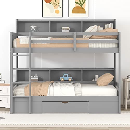 Twin Size Bunk Bed with Storage Drawer and Built-in Shelves Beside Bed, Wood Bunk Bed Frame with Safety Guardrail for Kids Teens Adults, Multi-Functional Space-Saving Design (Gray-Shelves)