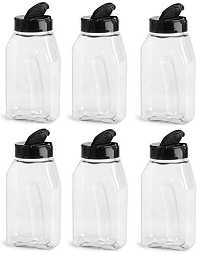 Nakpunar 6 pcs, 16 oz Clear Plastic Spice Jars with Black Lid and Freshness Seals - Pet Bottle with Shaker and Open Sided Lined Dispenser Caps - Set of 6 - PET, Made in USA