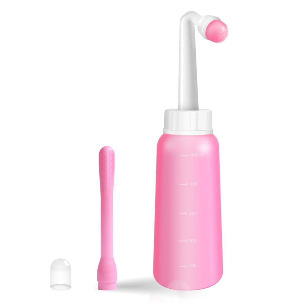 Peri Bottle Vaginal Douche- Postpartum and Perineal Care，Multi-Functional Douche Bottle for Women, 2IN1 Short Punch+Long Punch, 500ml, Pink