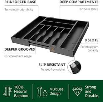 ROYAL CRAFT WOOD Luxury Bamboo Kitchen Drawer Organizer - Silverware Organizer - Utensil Holder and Cutlery Tray with Grooved Drawer Dividers for Flatware and Kitchen Utensils (Black)