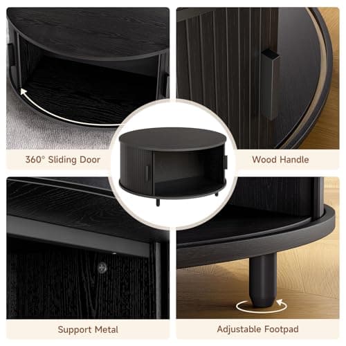 ONBRILL Round Coffee Table with Storage, 31.5" Modern Coffee Table with 360° Curved Sliding Door, Fluted Wood Accent Coffee Table with Adjustable Footpads, Round Center Table for Living Room, Black