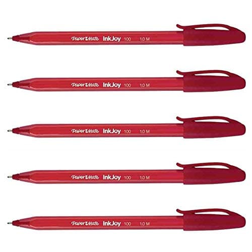 Paper Mate InkJoy 100 Triangular Ballpoint Pens with Cap Medium Nib Red Pack of 5aa