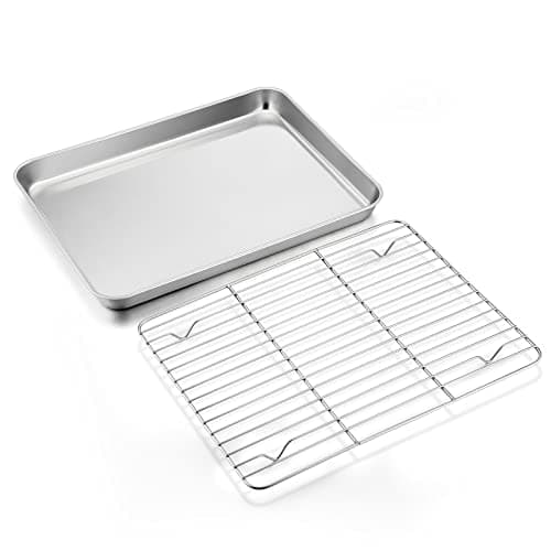 Stainless Steel Baking Sheet with Rack Set, E-far 12.4”x9.7” Cookie Sheet Broiling Pan for Oven, Rimmed Metal Tray with Wire Rack for Cooking/Baking/Cooling/Bacon, Non-Toxic & Dishwasher Safe