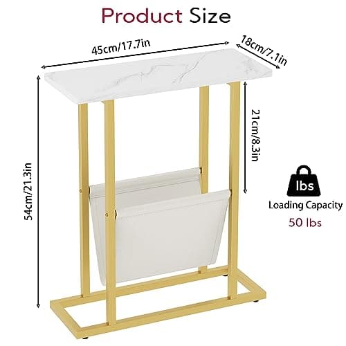 Yusong Small Narrow Side Table for Small Spaces, Slim End Table Magazine Table Nightstand with Storage Holder, Accent Skinny Snack Couch Bedside Table,Gold (Rustic Brown) (Gold)