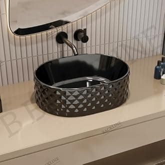 Ceramic Table Top Counter Top Wash Basin Vessel Sink Bathroom Sink Art Basin For Bathroom & Living Room 18 X 13.5 X 5.5 Inches (Only Basin) (Black Glossy)