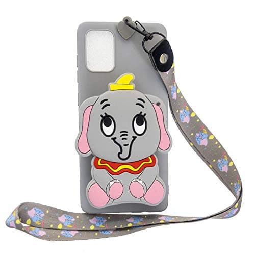 Gostyle Wallet Case Compatible with Samsung Galaxy A71,Cute 3D Cartoon Animal Soft Silicone Back Cover with Zipper Pocket and Neck Lanyard Strap Protective Cover,Grey Elephant