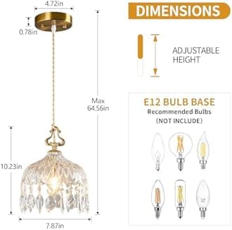 JXJYHL Brass Vintage Glass Pendant Light Crystal Hanging Light Fixtures,Adjustable Height Single Head Pendant Lights for Dining Room Living Room Bedroom Hallway(1-Pack)
