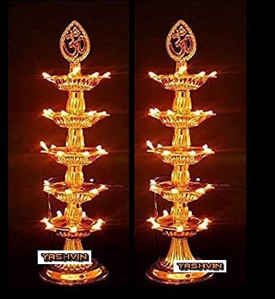 YASHVIN MAHA Pack || 5 Layer Jyot Diya for Pooja (Pack of 2) || 35 Light Maha-Diya || Electric Golden Light Diya Mandir || Made in India || SHM110