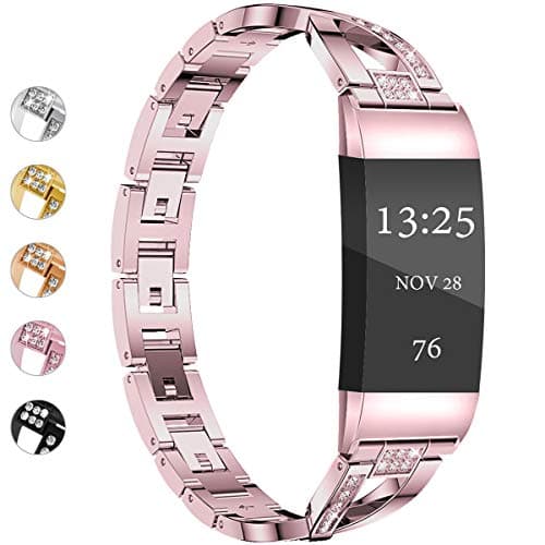 Wekin Replacement Metal Bands Compatible for Fitbit Charge 4/Charge 3 /Charge3 SE Women Men, Bling Rhinestone Bracelet Wristbands Straps Accessory for Charge 3 Fitness Tracker (X-Rose Pink)