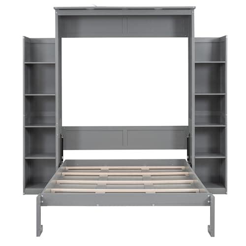 Ball & Cast Full Size Murphy Bed Wall Bed with Shelves and LED Lights,can be Folded,Hideaway Cabinet Bedframe W/ 2 Five-Layer Cabinets,Slat Support,No Box Spring Needed,for Apartment,Bedroom,Gray