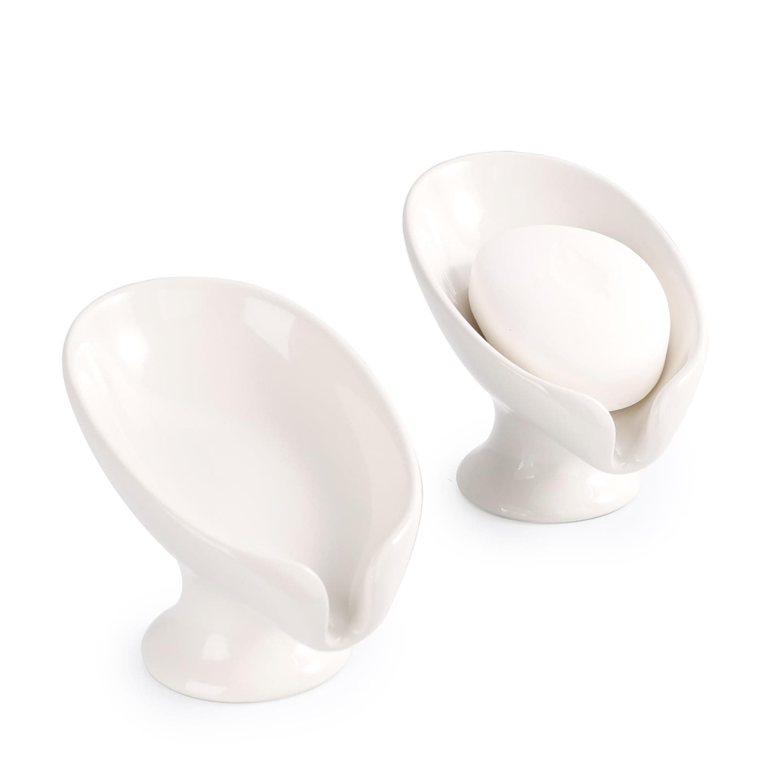 Soap Dish Set, Self Draining Bar Soap Holder for Bathroom Sink, Leaf Shaped Drainage Soap Dish Ceramic White Porcelain Decorative Soap Dishes 2PCS, ANTIS'S HOME
