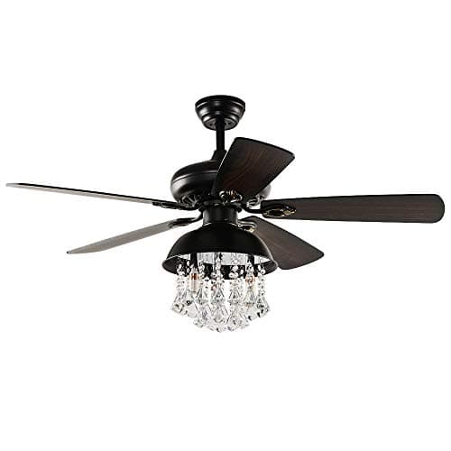 Black Crystal Ceiling Fan with Light and Remote Control, 5 Reversible Wooden Fan Blades, 52 Inch Rustic Ceiling Fans Fandelier for Bedroom /Living Room /Kitchen