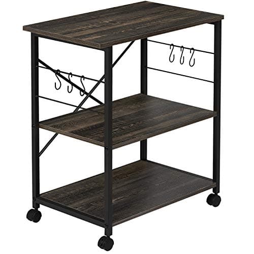 Itaar 3-Tier Microwave Stand with Storage, Kitchen Utility Rolling Cart on Wheels, Baker's Rack Serving Cart with Metal Stand Frame and 6 Hooks, for Kitchen Living Room