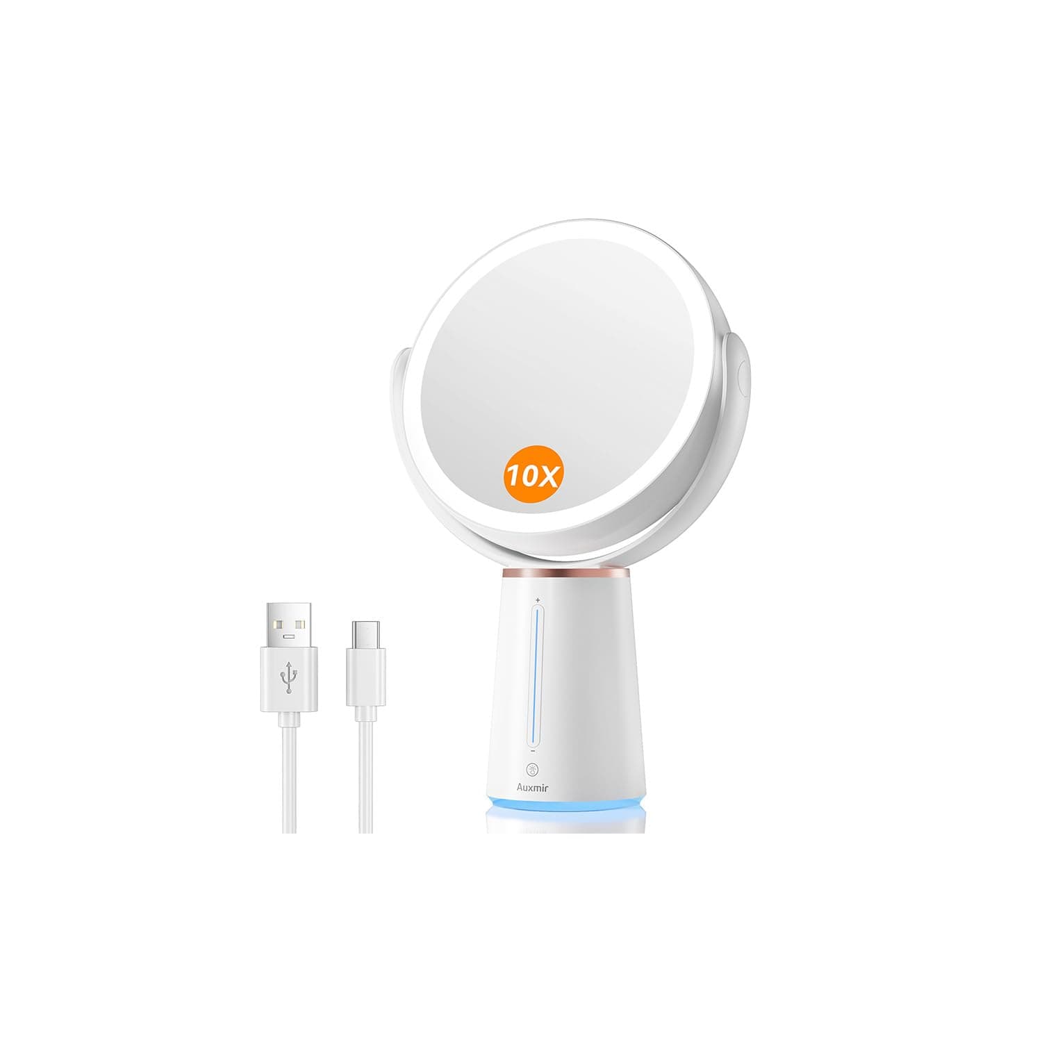 Auxmir Makeup Mirror with Lights, 7.5'' Double-sided 10X/1X Magnifying Mirror, 2500mAh USB Rechargeable Mirrors with 52 LED lights and 10 Brightness, 360° Rotating Vanity Mirror for Bedroom, Bathroom