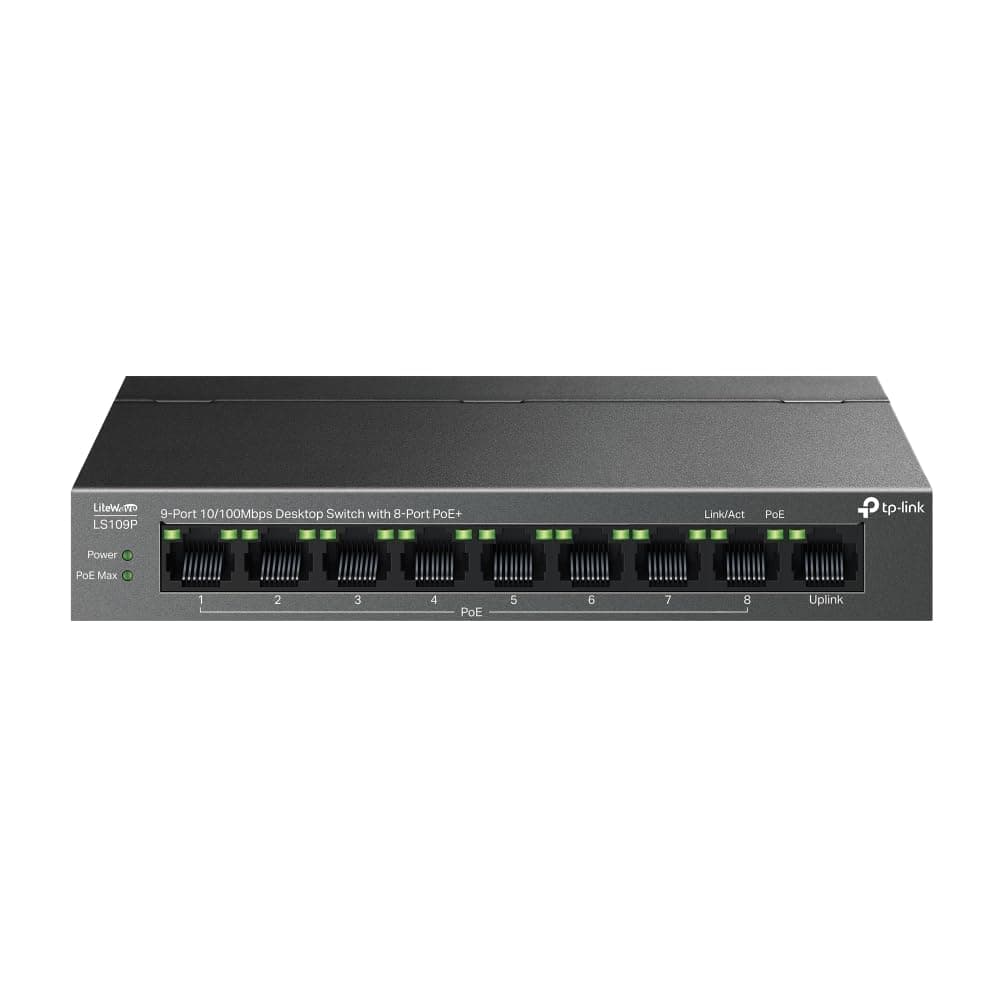 TP-Link 9-Port 10/100Mbps Desktop Ethernet Switch with 8-Port PoE+, 63 W PoE Budget, PoE Auto Recovery,Plug & Play, Metal Casing, Energy Saving, Ideal for IP Surveillance & Network Security (LS109P)