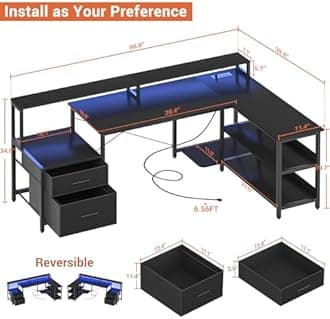 Aheaplus L Shaped Desk with File Drawer, 66" Reversible L Shaped Computer Desk with Power Outlet & LED Strip, Gaming Desk with Long Monitor Stand, Office Desk Corner Desk with Storage Shelf, Black