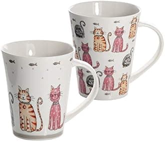 SPOTTED DOG GIFT COMPANY Cat Mugs, Cat Coffee Mug Set, 12 oz Cute Ceramic Porcelain China Coffee Tea Mugs Cups, Happy Cats Themed Gifts for Cat Lovers and Animal Lovers Women Men, Set of 2