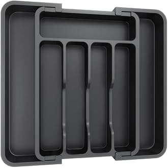 Lifewit Extendable Cutlery Drawer Organiser, Adjustable Cutlery Tray, Plastic Adjustable Kitchen Storage Dividers for Utensil Spoons Forks Knives, 7 Compartments, 23-37 x 31cm, Black