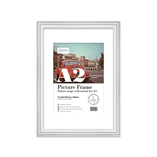A2 White Ornate Picture Frame With White Mount for A3 (29.7 x 42cm - 11.7 x 16.5in) Poster, Photo, Artwork, or Print. Baroque Style Portrait and Landscape Display with Wall Hooks