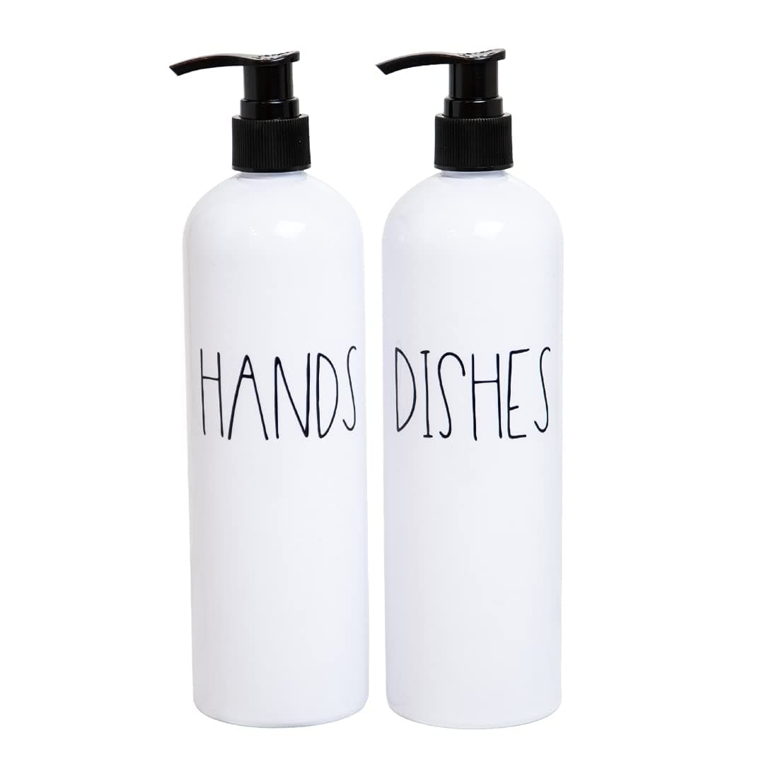 Plastic Hand and Dish Soap Dispenser Set for Kitchen, White Plastic Bottles, Farmhouse Kitchen Soap Dispenser, Heartland Lettering