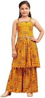 Aarika Girls Ethnic Wear Black Colour Printed/Mirror Lace Polyester Kurti Sharara Set