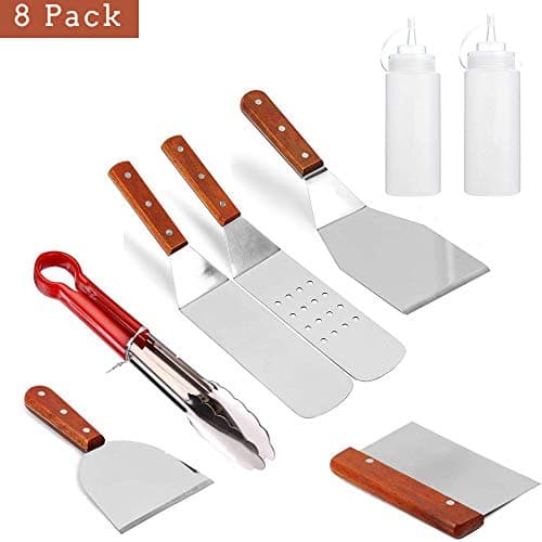 ABOWEI BBQ Grill Tools Set, Heavy Duty 8 Piece Non-Stick BBQ Griddle Accessories Kit | Stainless Steel Griddle Grill Cooking Tool Kit with Wooden Handle, Great for Flat Top Cooking, Camping