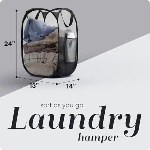 Mesh Popup Laundry Hamper - Portable, Durable Handles, Collapsible for Storage and Easy to Open. Folding Pop-Up Clothes Hampers are Great for The Kids Room, College Dorm or Travel. (Black | Set of 2)