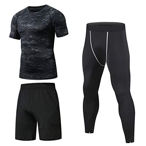 Niksa 3 Pcs Men's Workout Clothes Set with Compression Pants, Sweat-Wicking Shirt and Loose Fitting Shorts