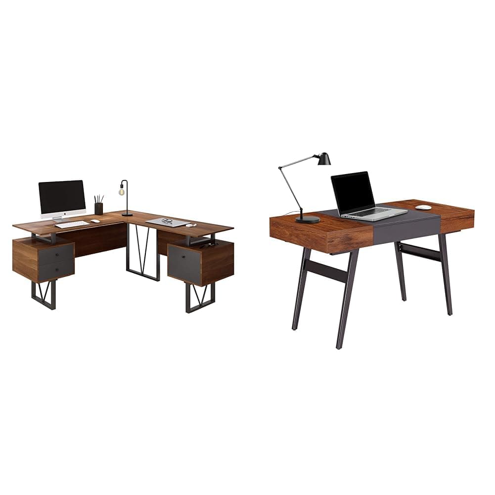 Techni Mobili 59" W x 57.3" D x 30" H 2-Tone L-Shaped Desk and Mahogany Expandable Storage Writing Desk Bundle