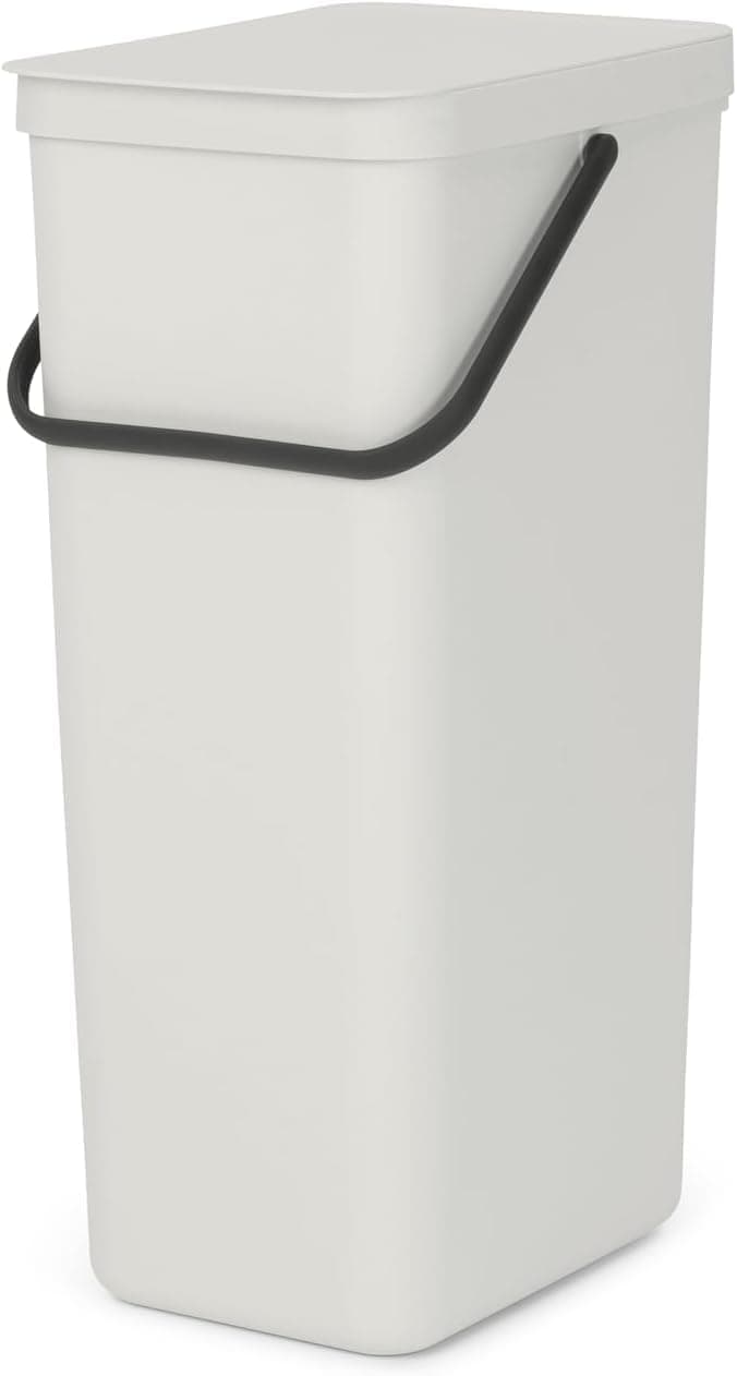Brabantia Sort & Go Recycle Bin 40L (Light Grey), Space-Efficient Plastic Recycle Container with Handle, Removable and Stay-Open Lid, Easy to Clean Kitchen Bin without Nooks and Rims
