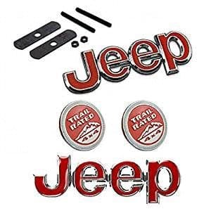Combo Set 1pcs Red Jeep Front Grille Emblem + 2pcs Red TRAIL RATED Chromed Emblem Badge Decal Sticker + 1pcs Red Jeep Emblem Badge Decal Sticker Fit For Jeep Car Model