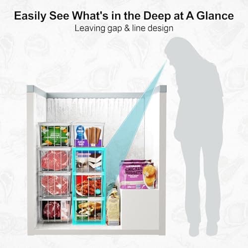 iSPECLE Chest Freezer Baskets - 6 Pack Stackable Organiser for 198L Deep Freezer, Easy Sort and Get Food with Handles, Add Space and Allow Air Circulation for Better Freshness, White