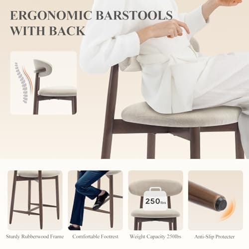 COLAMY Bar Stools with Back, Counter Height Bar Stools, Upholstered Counter Stools with Wood Legs for Kitchen Island Dining Room Bar, Beige