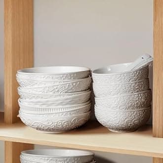 Artena Pasta Bowls 32oz, Ceramic Large Salad Bowls 8 inch, White Embossed Soup Bowl Set of 4 for Serving， Entertaining, Wide Shallow Dinner Bowls, Microwave Dishwasher Oven Safe (Flower)