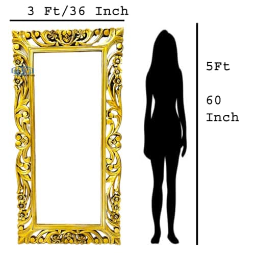 Wooden Carved Decorative Wall Mirror Frame in Solid Mango Wood Without Mirror (Size 5 * 3 FT) (Antique Gold)
