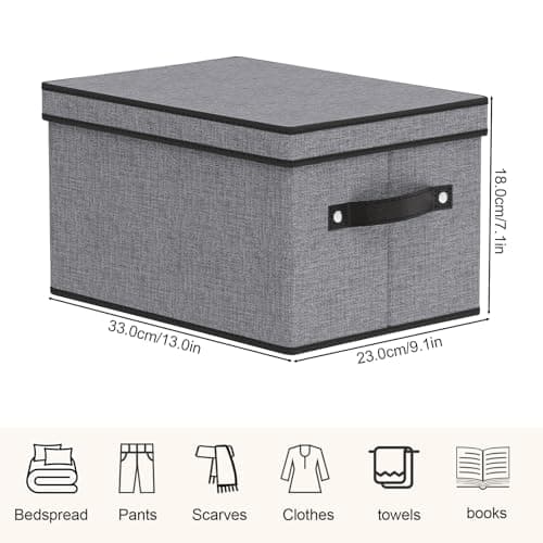 Storage Boxes with Lids, Shelf bins with Handles, Foldable Cube Organizer Basket for Organizing, Linens Clothes, Shelves Organiser, Gray, 33×23×18 cm, 3-Pack