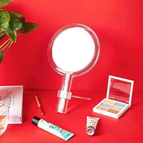 Double-Sided Handheld Mirror with Stand 1X/10X Magnifying Mirror with Handle Clear Adjustable Handheld Mirror Round Makeup Hand Mirror for Women Girls Makeup Tools Accessories Home Travel Use