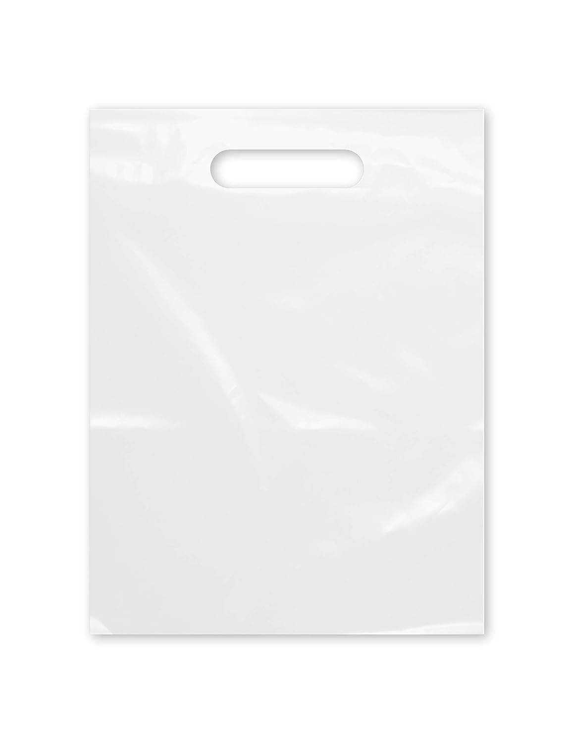 Purple Q Crafts Plastic Bag With Die Cut Handle 9" x 12" White Merchandise Bags 100 Pack for Retail, Gifts and Shows