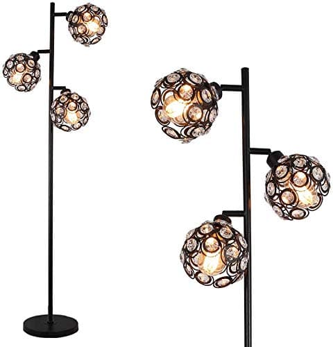 Stepeak Crystal Floor Lamp, Adjustable Modern Sparkly 3-Light Standing Lights Black Sofa Reading Light with Step On Switch for Bedroom Living Room Office