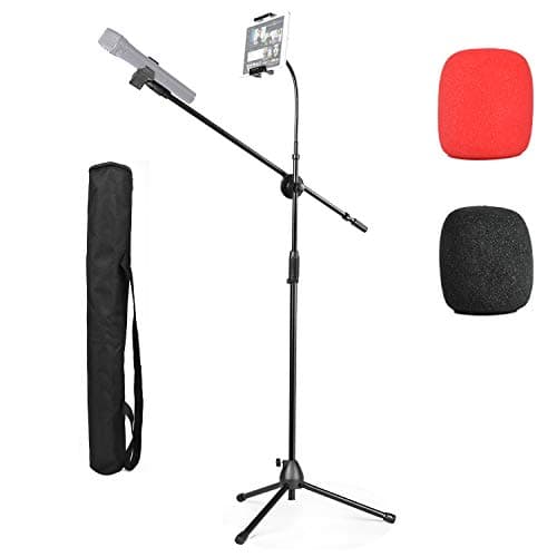Microphone Tripod Stand, 2 in 1 Mic Boom Adjustable Portable Stand with Phone/iPad Stand, 2 Pics Foam Windscreen, Carrying Bag