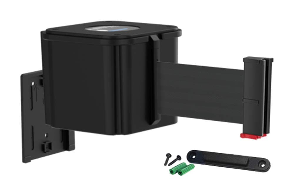 WM412 Retractable Belt Wall Mounted Smooth Black Crowd Control Barrier and Receiving End, 20' Black Belt