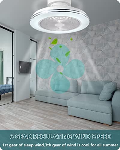 NUTCRUST Flush Mount Ceiling Fan with Light,Enclosed Ceiling Fan with Bluetooth Speaker, 6 Speed Reversible Blade Low Profile ,85 Kinds of Colorful Light Modes 19.8 Inch