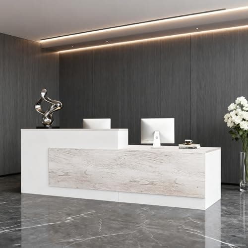 Modern L-Shaped Reception Desk with Hutch, Reception Counter Table, Lockable Drawer Door Cabinet, Office Wooden Computer Front Desk (Oak+Warm White-Left Cabinet, 110L*24" W*41" H)