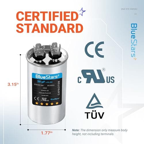 [UL Certified] BlueStars 20 uF MFD uf ± 5% MFD 370 V VAC or 440 Volt CBB65 Multi-Purpose Motor Run Round Capacitor 10000AFC - Compatible for Air Conditioner or Heat Pump Condenser