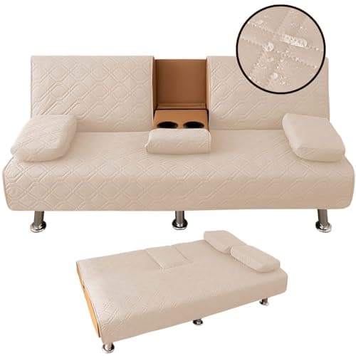 4 Pieces Click Clack Sofa Bed Cover 3 Seater, Quilted Convertible Folding Cover with 2 Removable Armrests and 1 Holders Covers (Khaki)